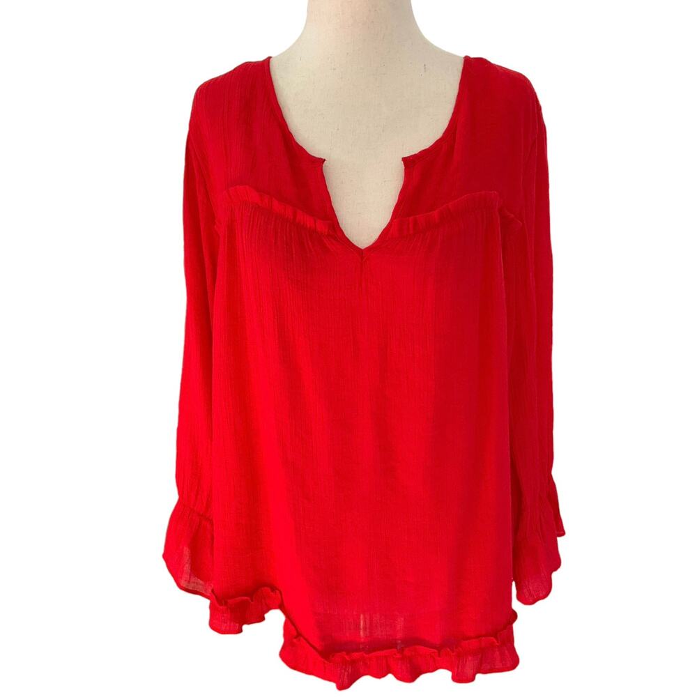 Zac & Rachel Red Ruffles Trim Split Crew Neck Women's Size XL | 23-3